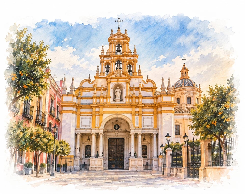 Watercolour of the Basílica de la Macarena, its baroque façade and bell tower