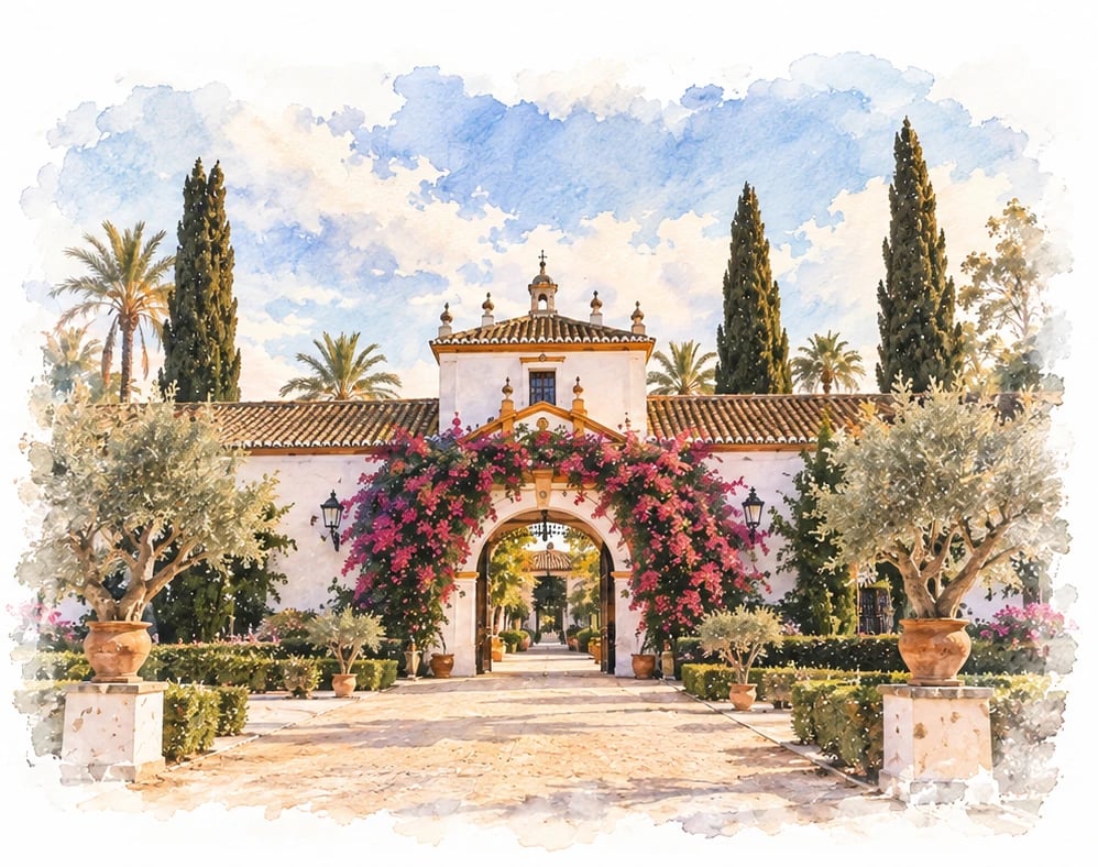 Watercolour of Hacienda Azahares, its white gateway covered in bougainvillea